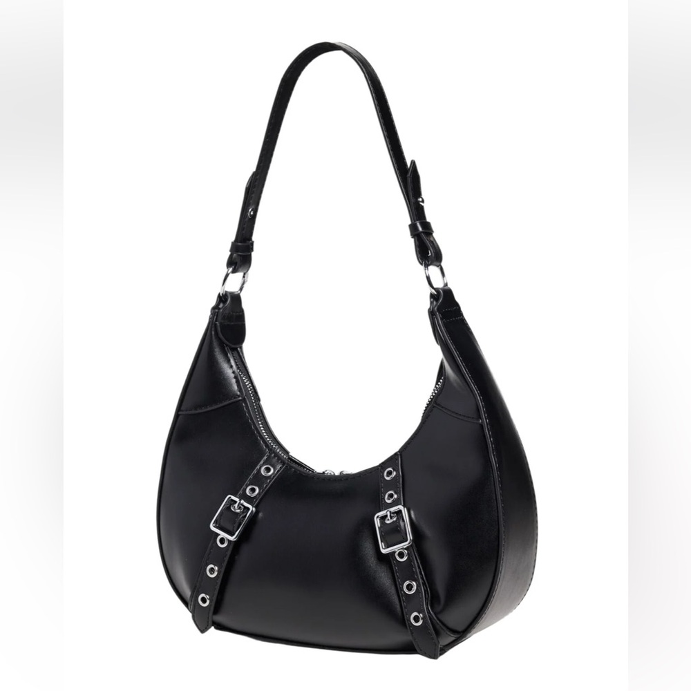 8 Other Reasons Black Double Buckle Vegan Leather Shoulder Bag NWT - Picture 1 of 13
